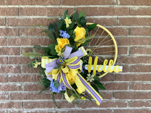 Load image into Gallery viewer, Spring wreath, Bicycle wheel home decor, Yellow wreath, Summer wreath, Floral, Wreath for front door