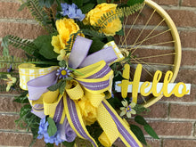 Load image into Gallery viewer, Spring wreath, Bicycle wheel home decor, Yellow wreath, Summer wreath, Floral, Wreath for front door