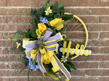 Load image into Gallery viewer, Spring wreath, Bicycle wheel home decor, Yellow wreath, Summer wreath, Floral, Wreath for front door