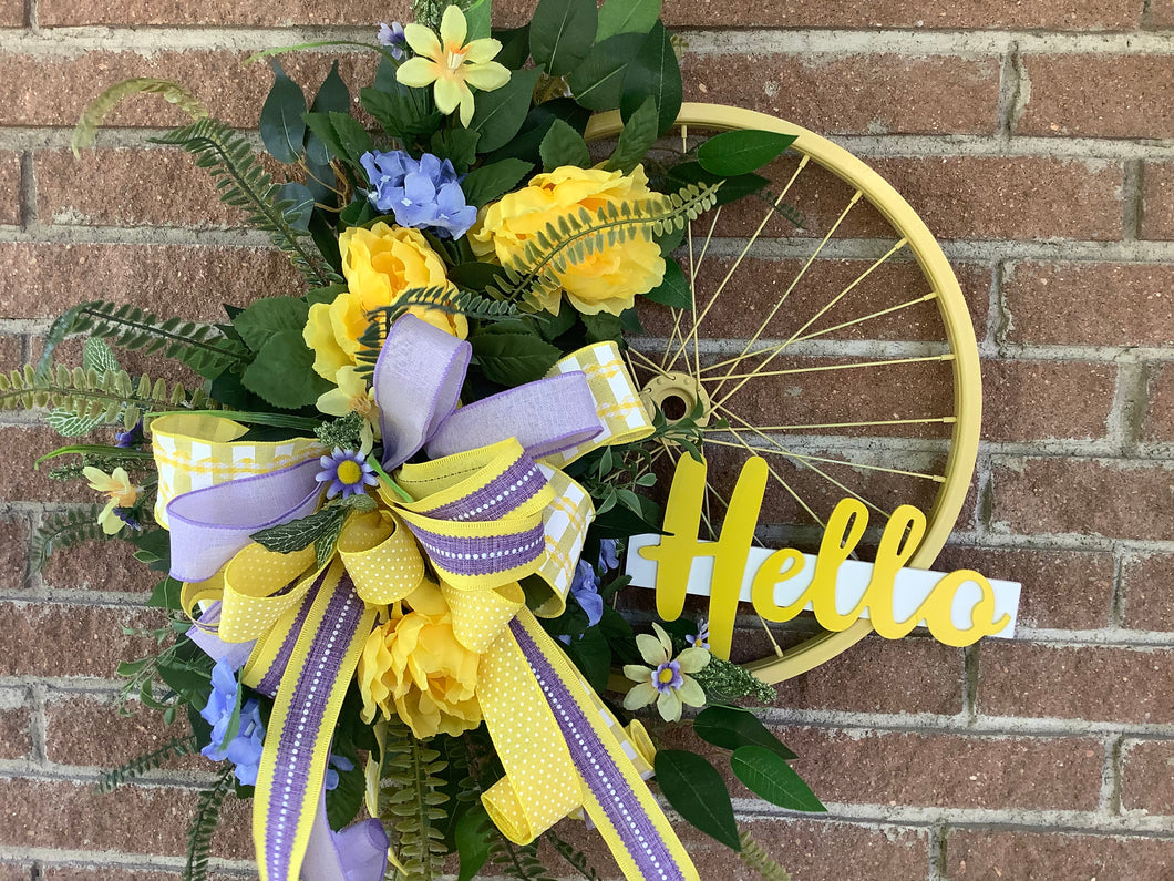 Spring wreath, Bicycle wheel home decor, Yellow wreath, Summer wreath, Floral, Wreath for front door