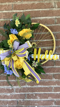 Load image into Gallery viewer, Spring wreath, Bicycle wheel home decor, Yellow wreath, Summer wreath, Floral, Wreath for front door