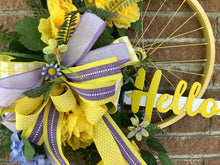 Load image into Gallery viewer, Spring wreath, Bicycle wheel home decor, Yellow wreath, Summer wreath, Floral, Wreath for front door