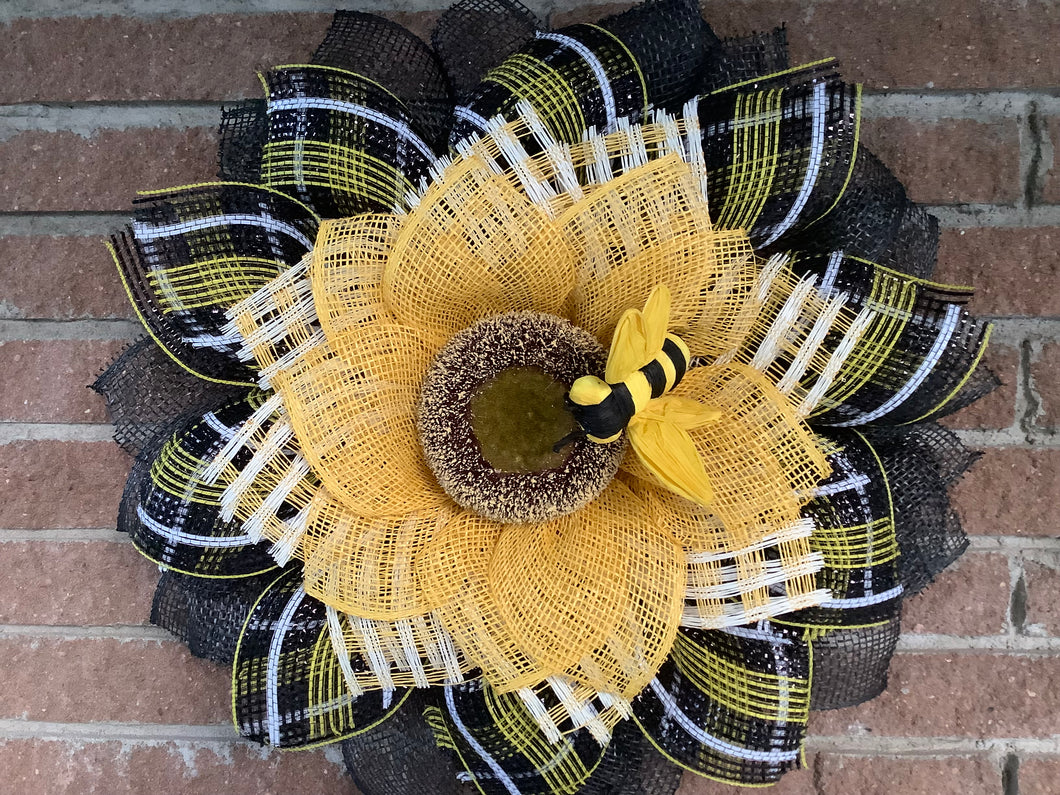 Bee Sunflower Wreath, Yellow & black flower, Front door wreath, Summer decor, Fall decor