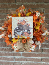 Load image into Gallery viewer, Pumpkins in Wheelbarrow 22” Wreath
