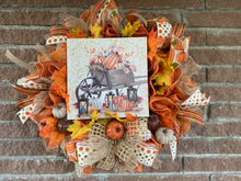 Load image into Gallery viewer, Pumpkins in Wheelbarrow 22” Wreath
