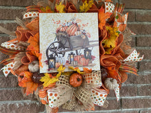 Load image into Gallery viewer, Pumpkins in Wheelbarrow 22” Wreath
