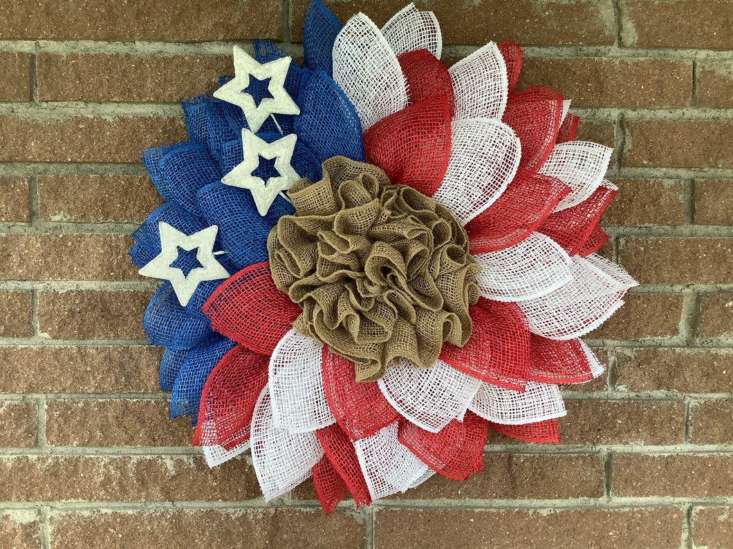 Patriotic Sunflower, Porch decor for summer, Front door wreath, Red White & Blue