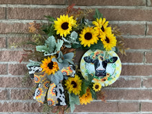 Load image into Gallery viewer, Cow Sunflower Home Decor, Small Farmhouse Wreath, Summer wreath, Fall wreath
